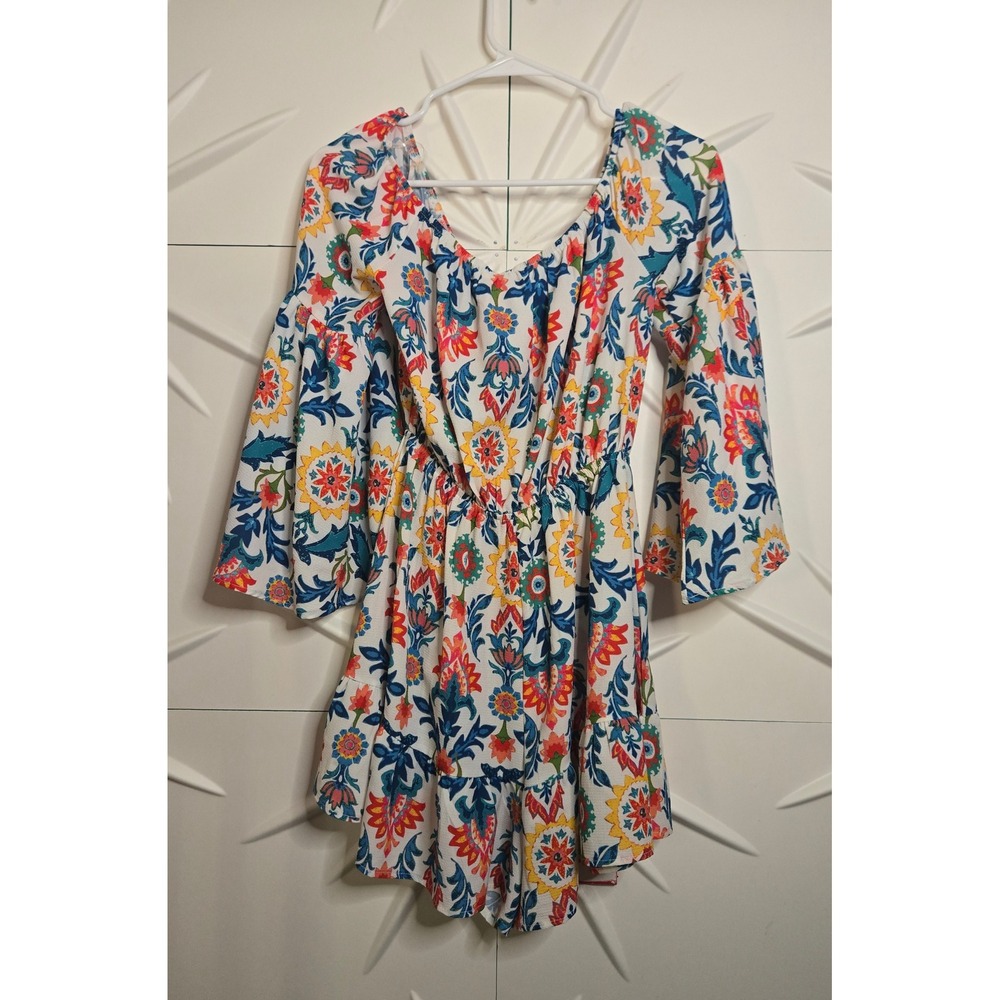 Flying Tomato Floral Medallion Bell Sleeve Romper Blue Red Boho Small READ - Picture 2 of 3